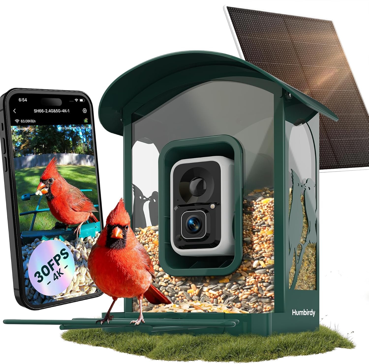 Bird Feeder with Camera, 4K Ultra HD Video with 30fps Live View, 10x Slow Motion, No Subscription, Solar Powered AI Smart Bird Feeder with Camera, 2.4G/5G Wi-Fi, Durable Metal,Bird Lover Gift
