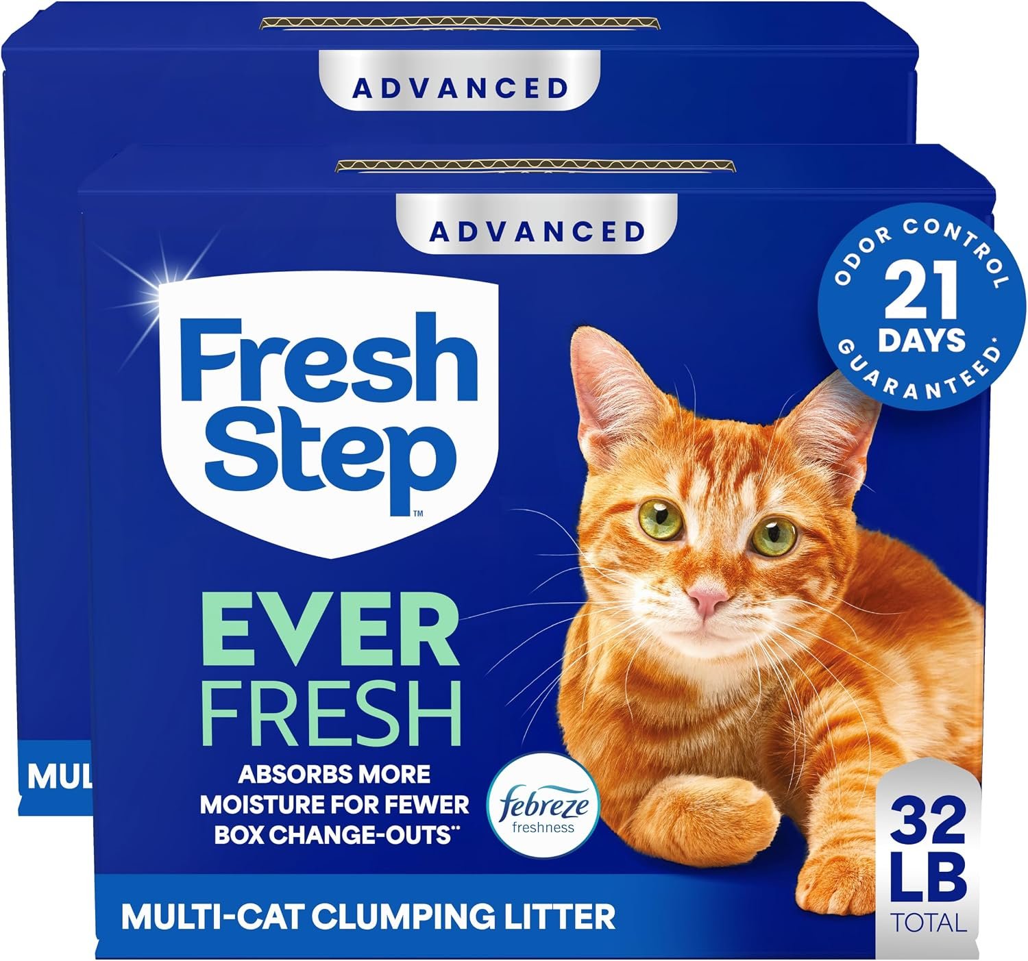 Fresh Step Advanced Ever Fresh Multi Cat Clumping Cat Litter, 16 lb., 2 Pk | Ultra Absorbent to Last Longer, Scented with Febreze Freshness, Lowest Dust Formula, Compatible with Most Auto Litter Boxes