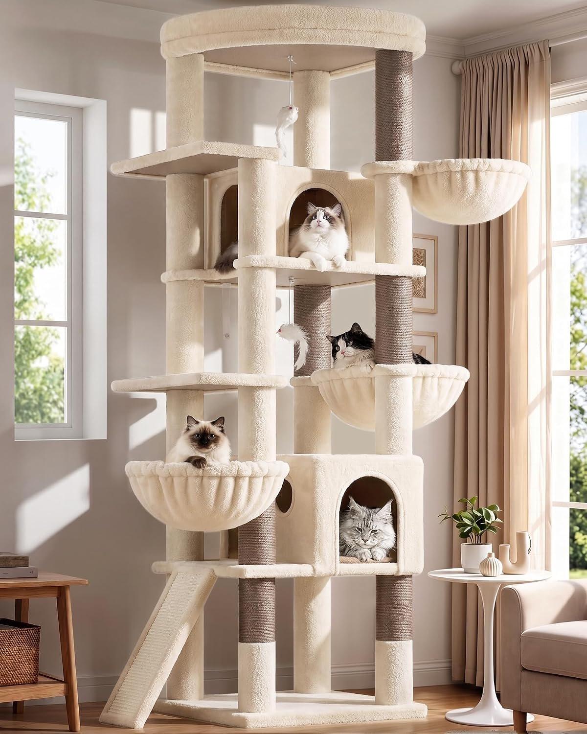 Globlazer Extra Large Cat Tree, 78 inch Sturdy Tall Cat Tree Tower for Indoor Multiple Large Adult Cats Kittens with 6 Scratching Posts, Enlarged Top Perch, 2 Padded Condos, S78G, Beige
