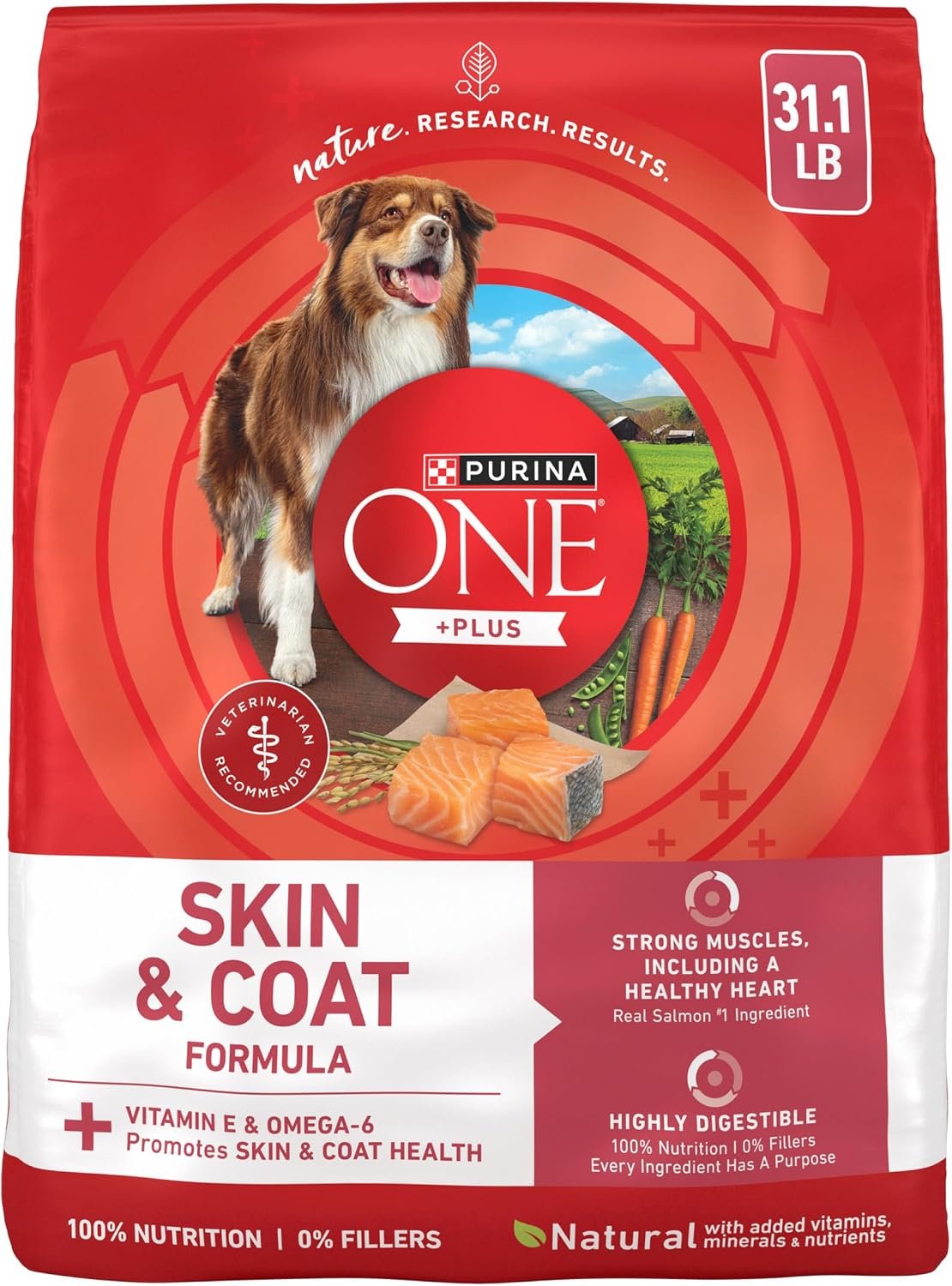 Purina ONE Plus Skin & Coat, Sensitive Stomach Dry Dog Food, 31.1 lb Bag | Made with real salmon, with vitamin E and omega-6 fatty acids to promote skin and coat health, highly digestible formula