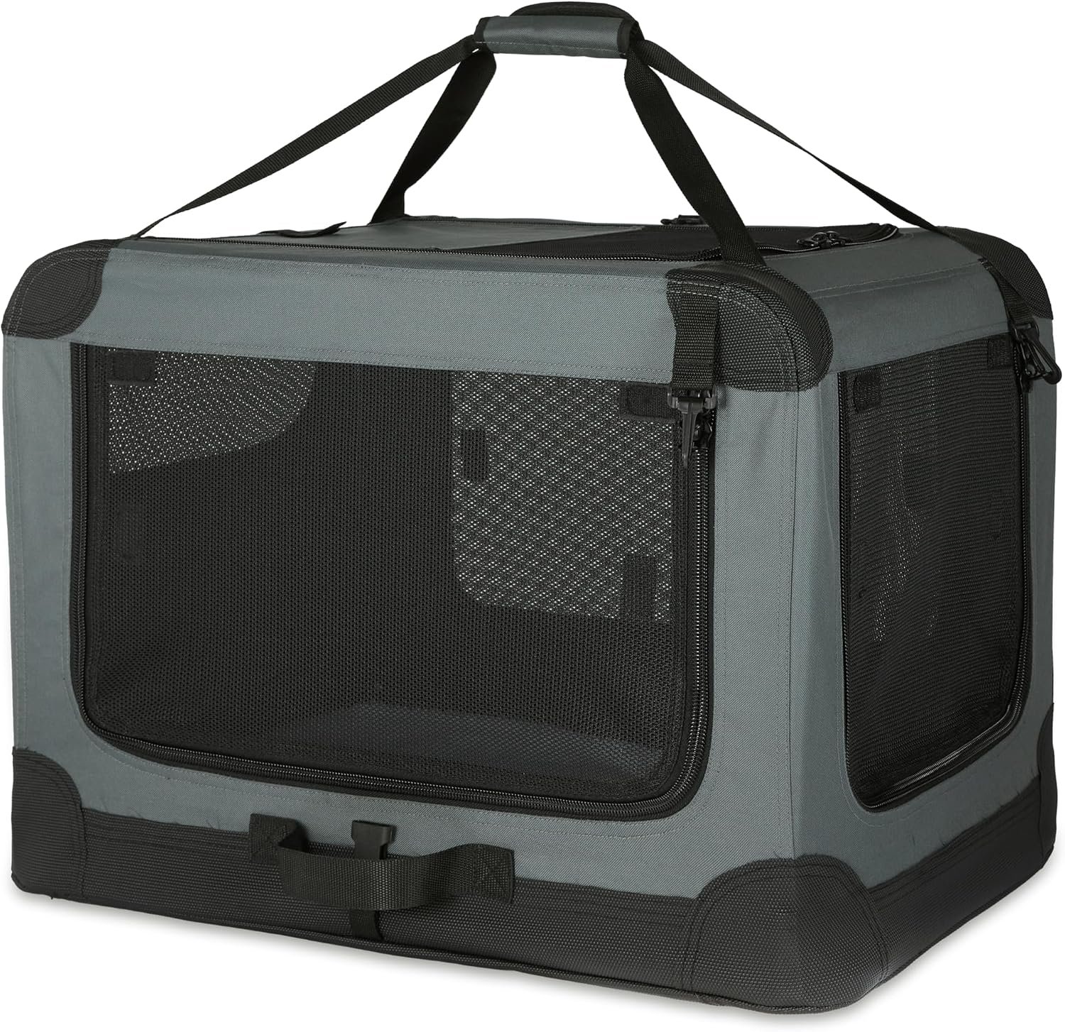 Amazon Basics 4-Door Portable Folding Soft Dog Crate, Collapsible Travel Kennel for Cat, Dog, and Other Small Animals, Pop Up with Easy Transportation, Grey, M 30″ x 21″ x 21″
