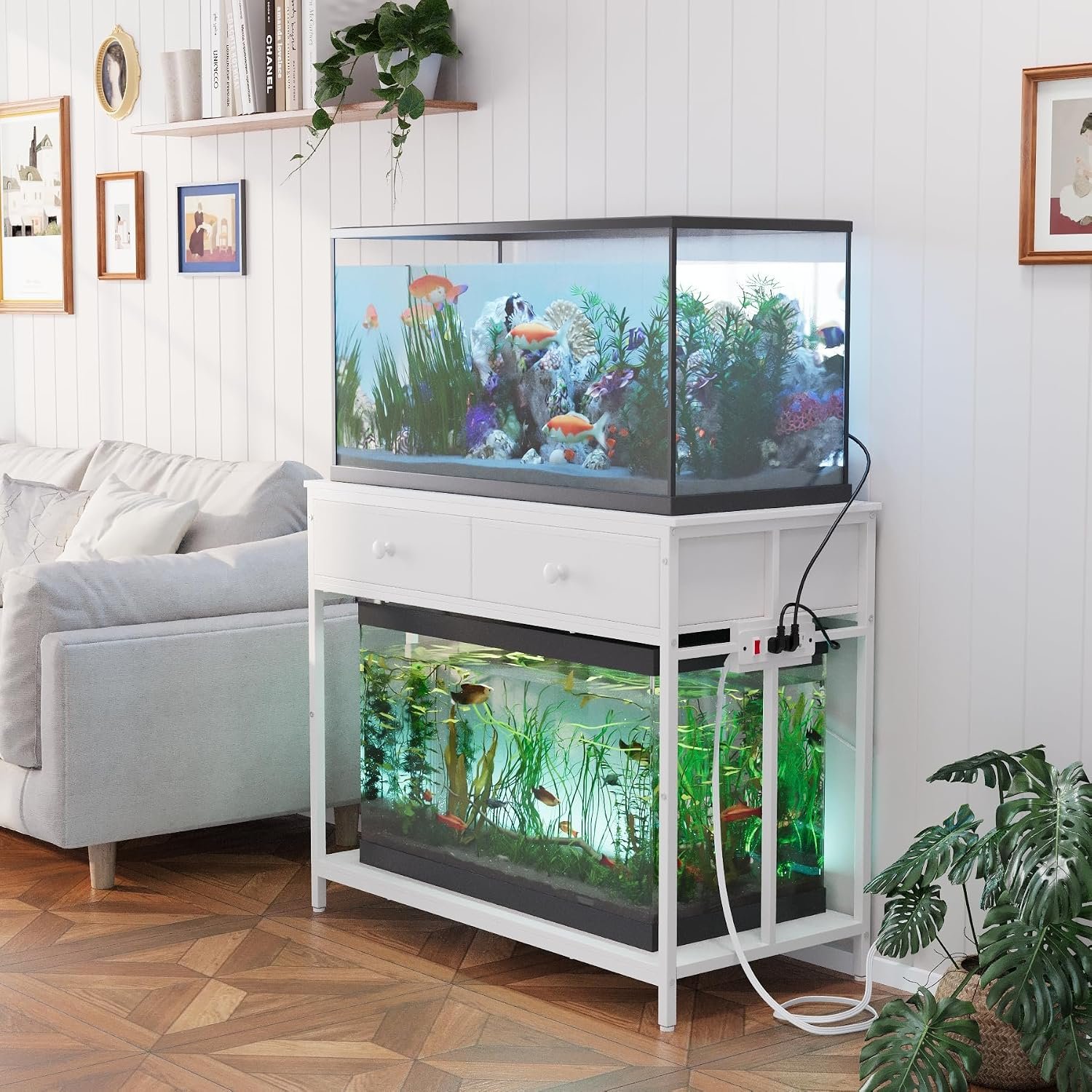 VOWNER 40 Gallon Aquarium Stand with Power Outlet, Metal Frame Fish Tank Stand with Cabinet Storage, Double Turtle Reptile Terrariums Tank Stand, 39.4″ L*18.9″ W Tabletop, 660LBS Capacity, White