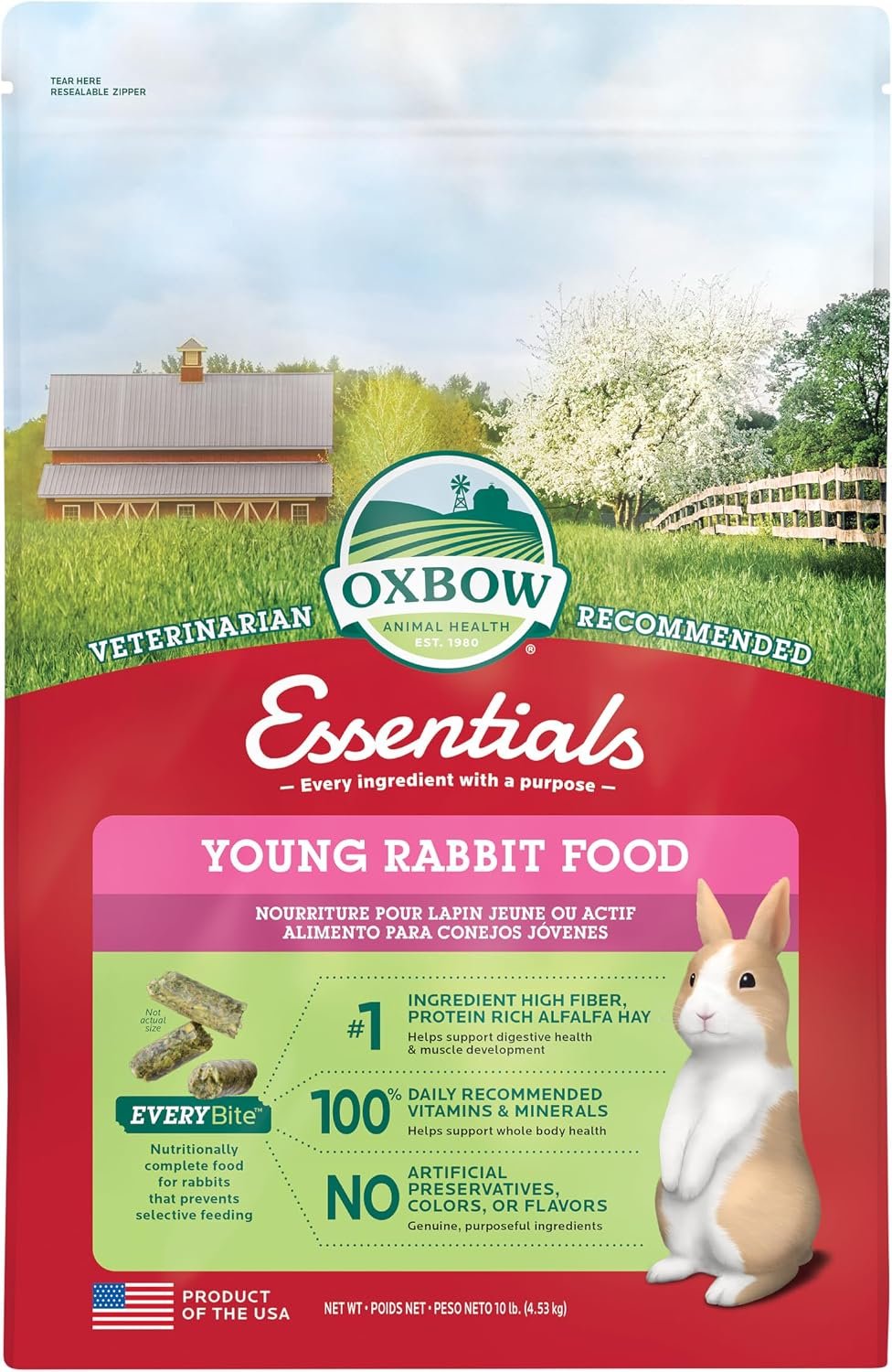 Oxbow Essentials Young Rabbit Food, High-Fiber Rabbit Pellets, USA, 10 lb | Bunny Food for Young Rabbits, Made with High Fiber Oxbow Hay, Vitamins & Minerals, Uniform, Prevents Selective Feeding