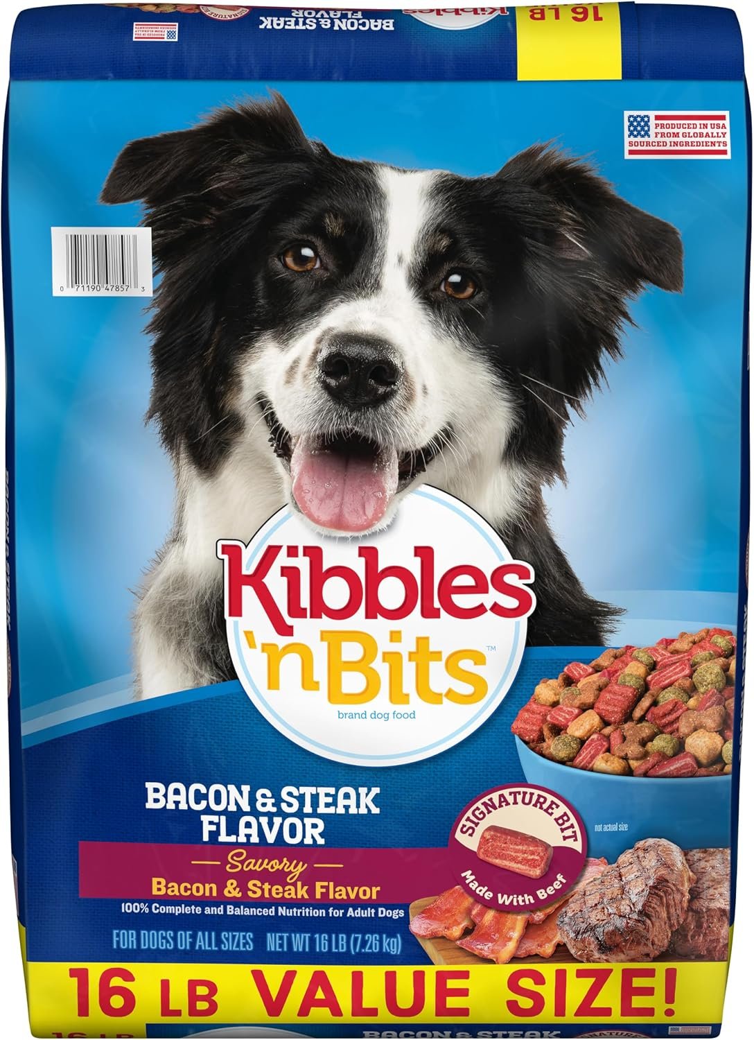 Kibbles ‘n Bits Dry Dog Food, Savory Bacon & Steak Flavor for Adult Dogs 16 lb. Bag | Complete & Balanced Nutrition Formulated For Adult Dogs, Crunchy Kibbles And Chewy Meaty Bits