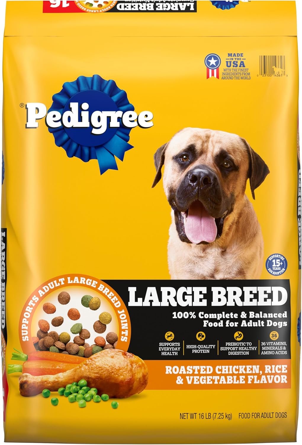 Pedigree Large Breed Adult Dry Dog Food, Roasted Chicken & Vegetable, 16 lb | 36 vitamins, minerals & amino acids, prebiotic fiber, supports lean muscle & immune health, natural flavors only