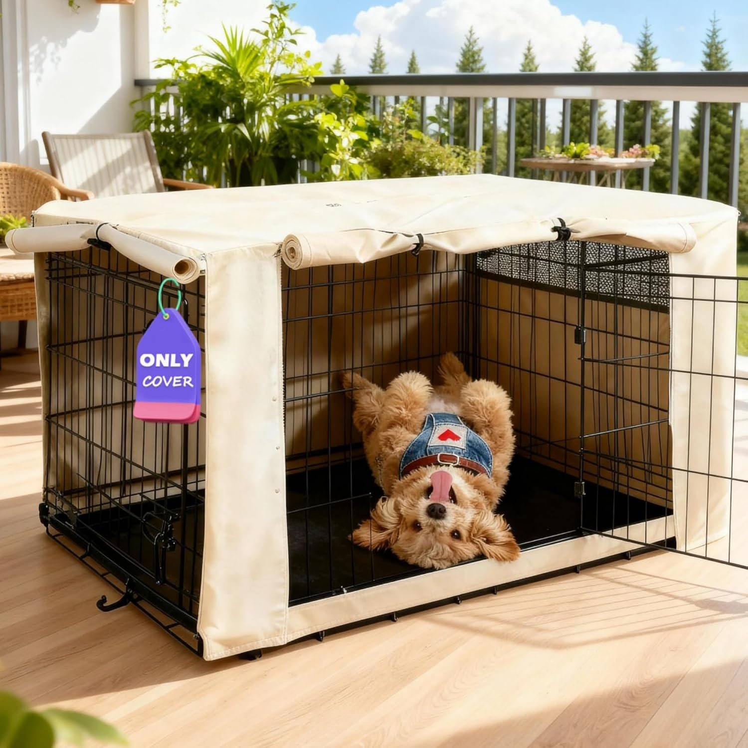 HiCaptain Dog Crate Cover 36.0″ L x 23.0″ W x 25.0″ H with Breathable Mesh, Heavy Duty Kennel Cover, Dual Zippered Panels, Windproof Waterproof(Beige)