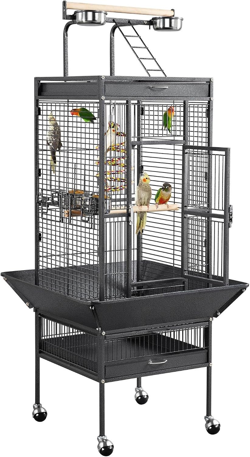 Yaheetech 61″ Playtop Parrot Bird Cage with Rolling Stand, Wrought Iron Parrot Cage for Cockatiels Quaker Conure Parakeet Lovebird Finch Canary, Black