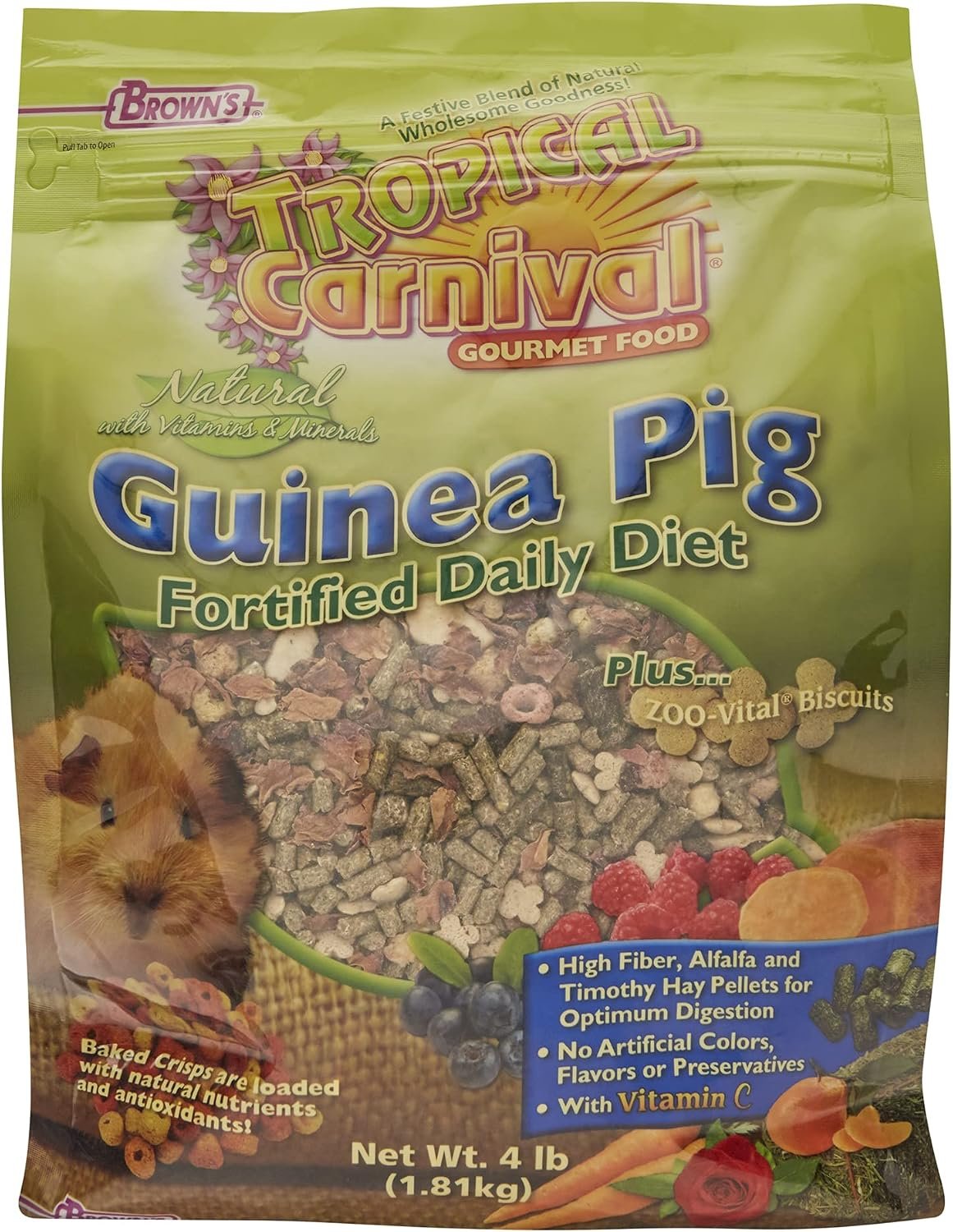 F.M. Brown’s Tropical Carnival, Natural Guinea Pig Food, Vitamin-Nutrient Fortified Daily Diet with Vitamin C and High Fiber Alfalfa and Timothy Hay Pellets for Optimum Digestion, 4 lb