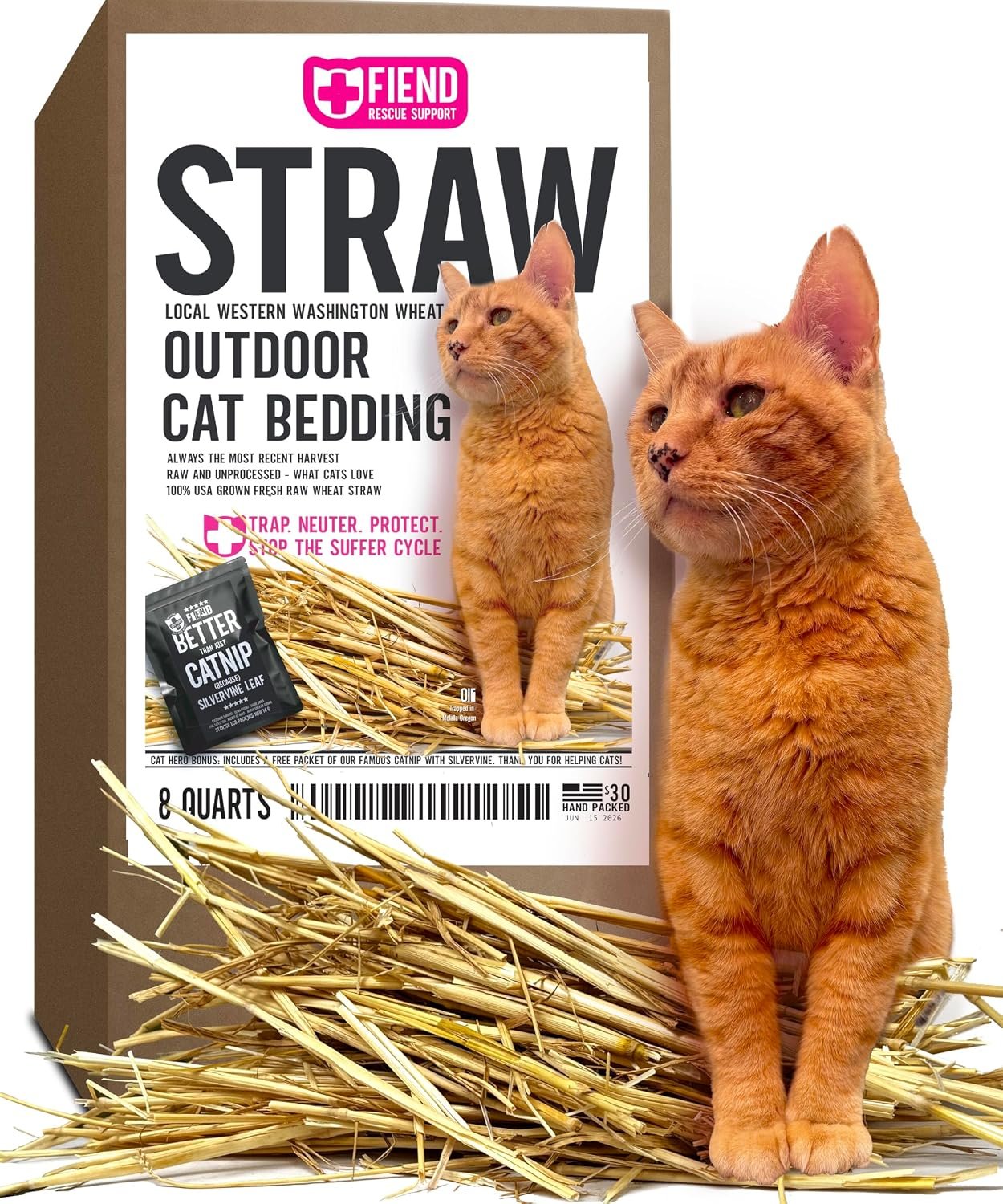 Wheat Straw for Cat Shelter Bedding 8 Quarts (1.5 lbs) Fresh Raw USA Wheatstraw from Local Washington State Farm and Bonus Catnip with Silvervine – Box Stuffed for Outdoor Feral or Indoor Pet Hay