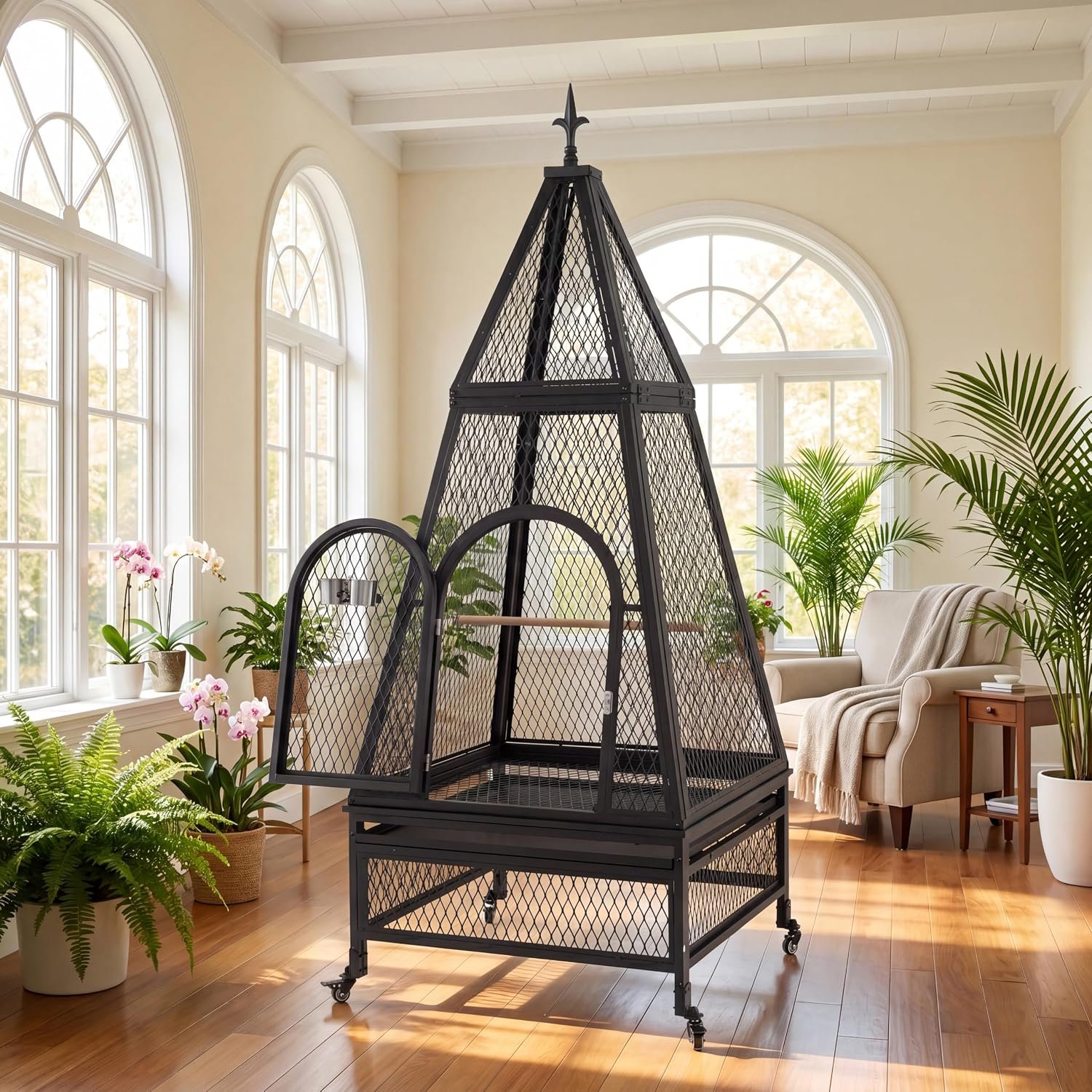 79″ Large Bird Cage for Parrots, Heavy Duty Metal Aviary with Wheels, Lockable Door, Pull-Out Tray, Perch & Feeding Cups for Macaws, Cockatoos, African Greys, Indoor Outdoor Use, Black