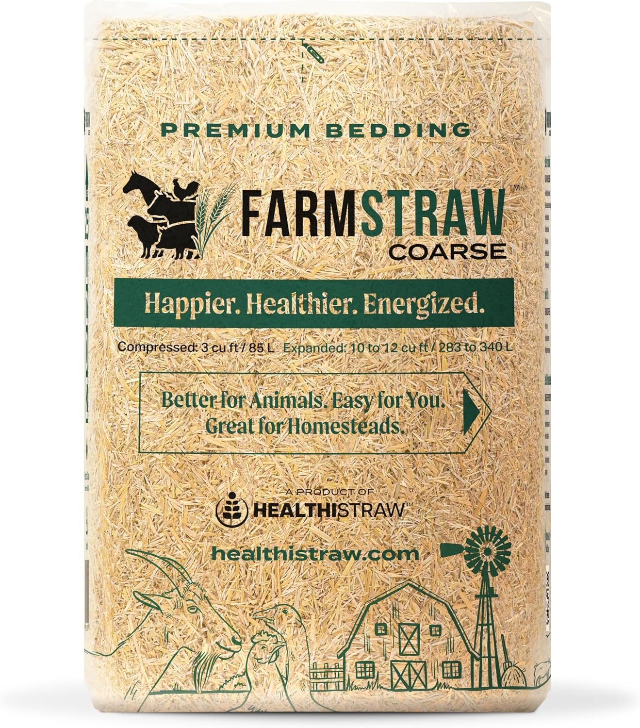 HealthiStraw FarmStraw Coarse Cut, 3 cu ft (25 lb) Expands to 10+ cu ft – Wheat Straw Bedding for Homesteads, Hobby Farms & Small Pets – Dust-Free, Absorbent, Fluffy, Insulating, Sustainably Sourced