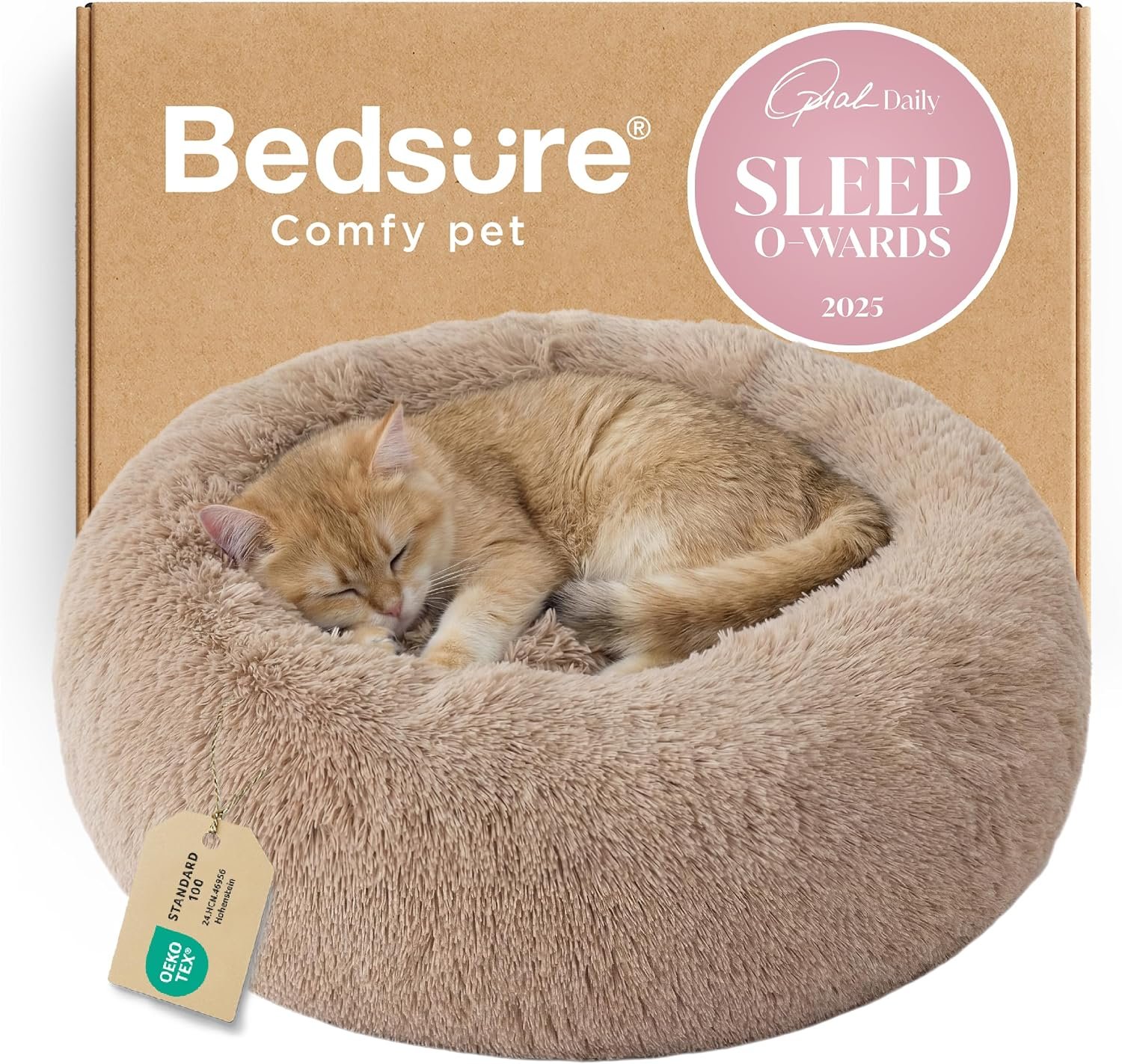Bedsure Calming Cat Beds Donut Round Washable Kitten Bed,20 inches Camel | Oprah Daily Award,Fluffy Faux Fur Cuddler,Anti-Slip Bottom,Anti-Anxiety,Deep Sleep for Cats&Small Pets Up to 15 Lbs