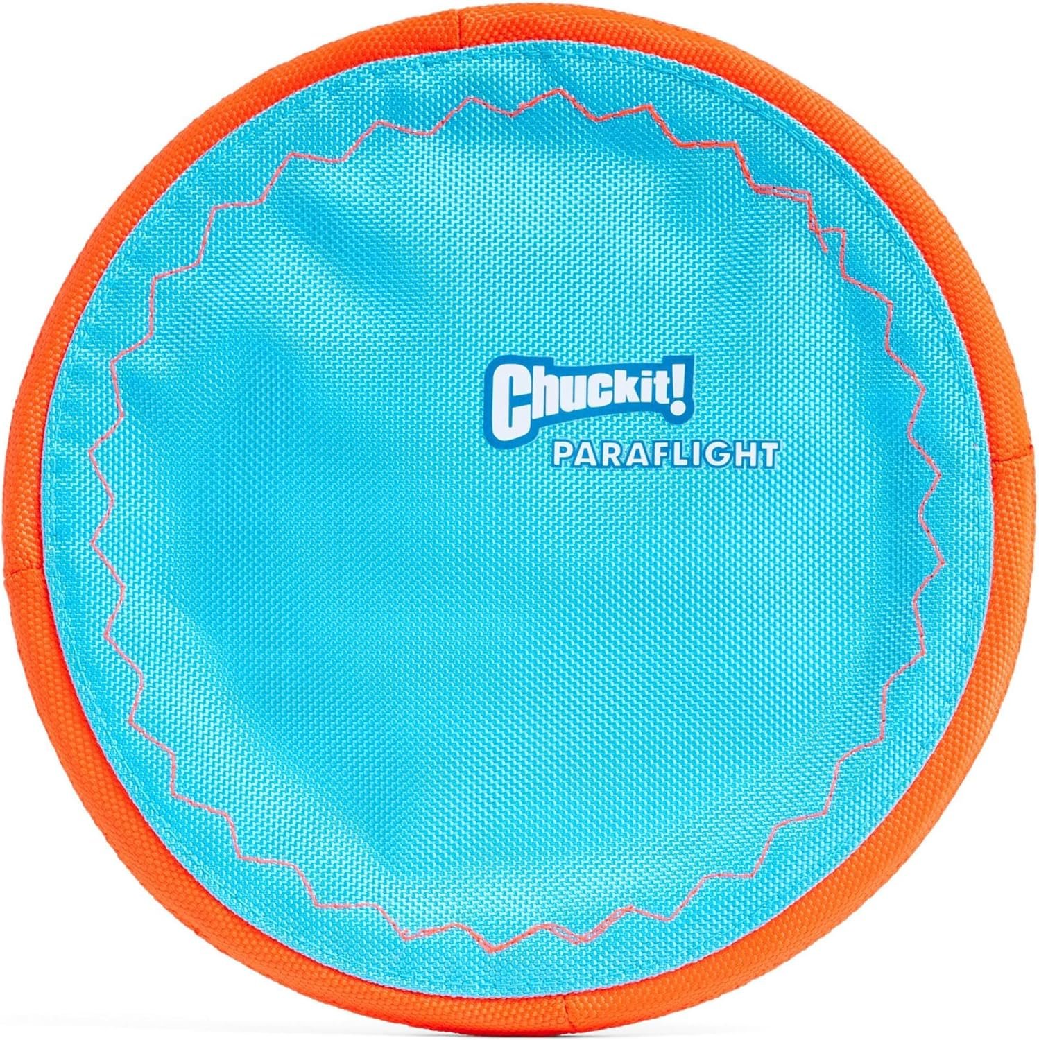 Chuckit! Paraflight Flying Disc Dog Toy – Water Floating Flyer – Durable Nylon Construction with Soft Rubber Edges – For Medium and Large Dogs – Size Large – 9.75″ L x 9.75″ W – Pack of 1 | Durable nylon build with soft rubber edges, made for medium and larger sized breeds, lightweight and easy to throw, pack of 1
