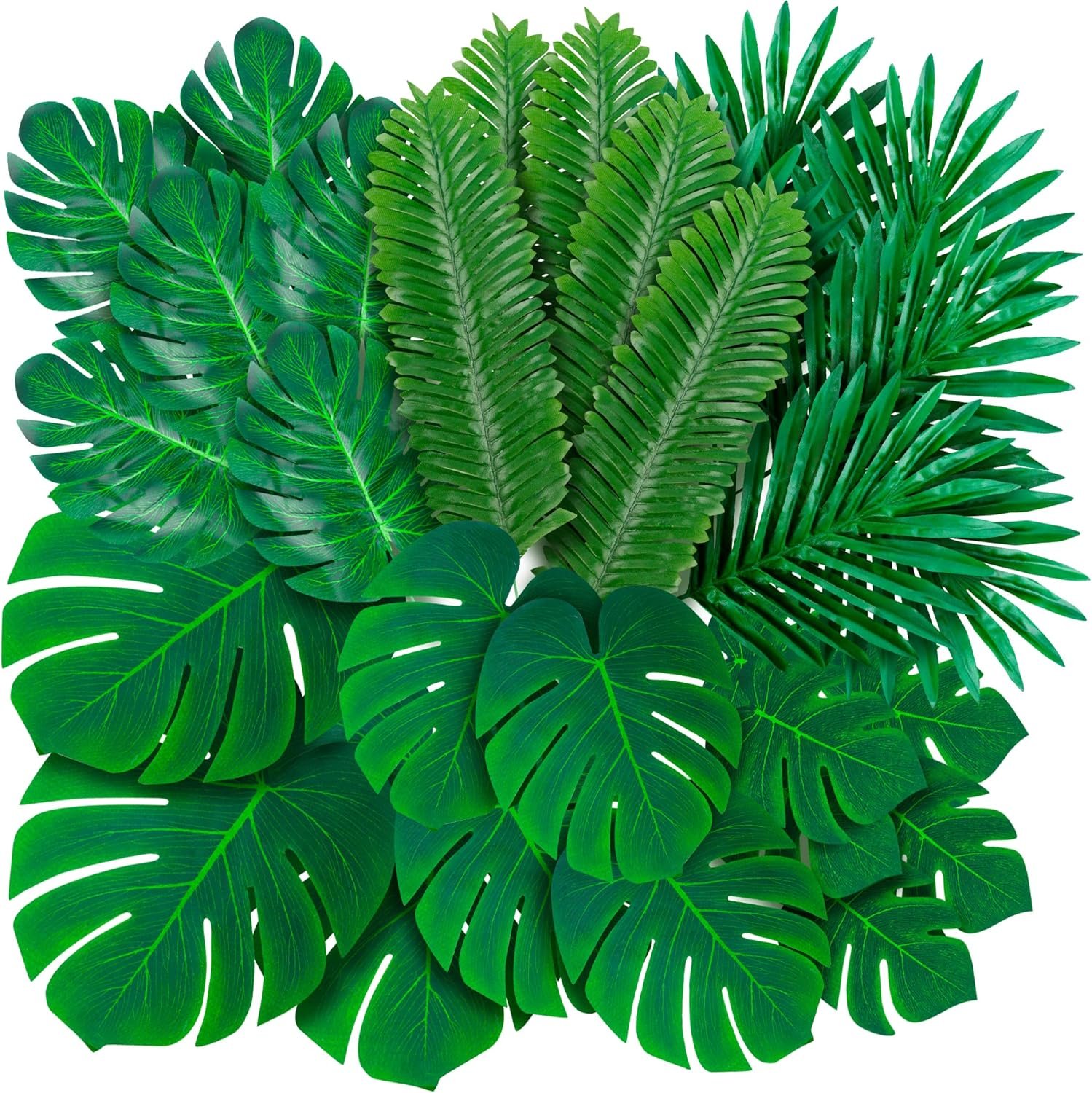 108 Pack Palm Leaves Artificial Tropical Monstera – 6 Kinds Large Small Green Fake Palm Leaf with Stems for Safari Jungle Hawaiian Luau Party Table Decoration Wedding Birthday Theme Party Decorations