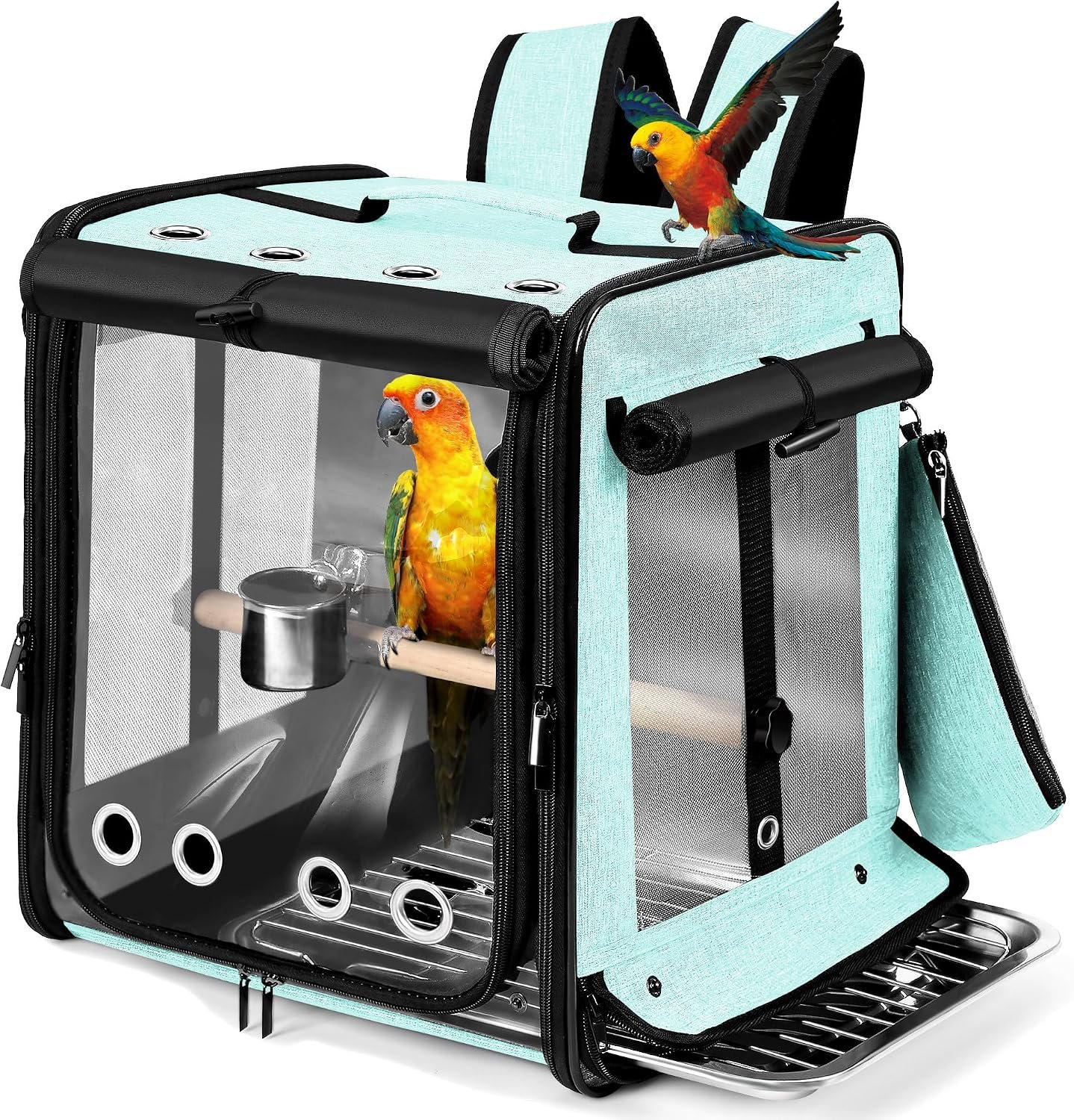 Bird Carrier with Seat Belt for Car Travel, Bird Backpack Carrier with Indestructible Stainless Steel Mesh, Large Bird Carrier Travel Cage, Green