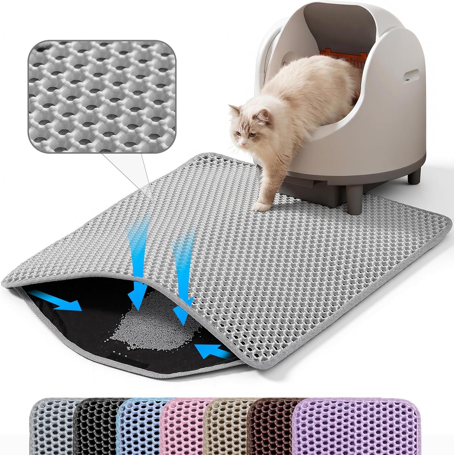 Cat Litter Mat, Double Layer Honeycomb Litter Box Mat | 24×18”, Efficient Litter Trapping, Easy to Clean, Waterproof, Non-Slip, Soft on Paws, Scratch Resistant, Gray, Large