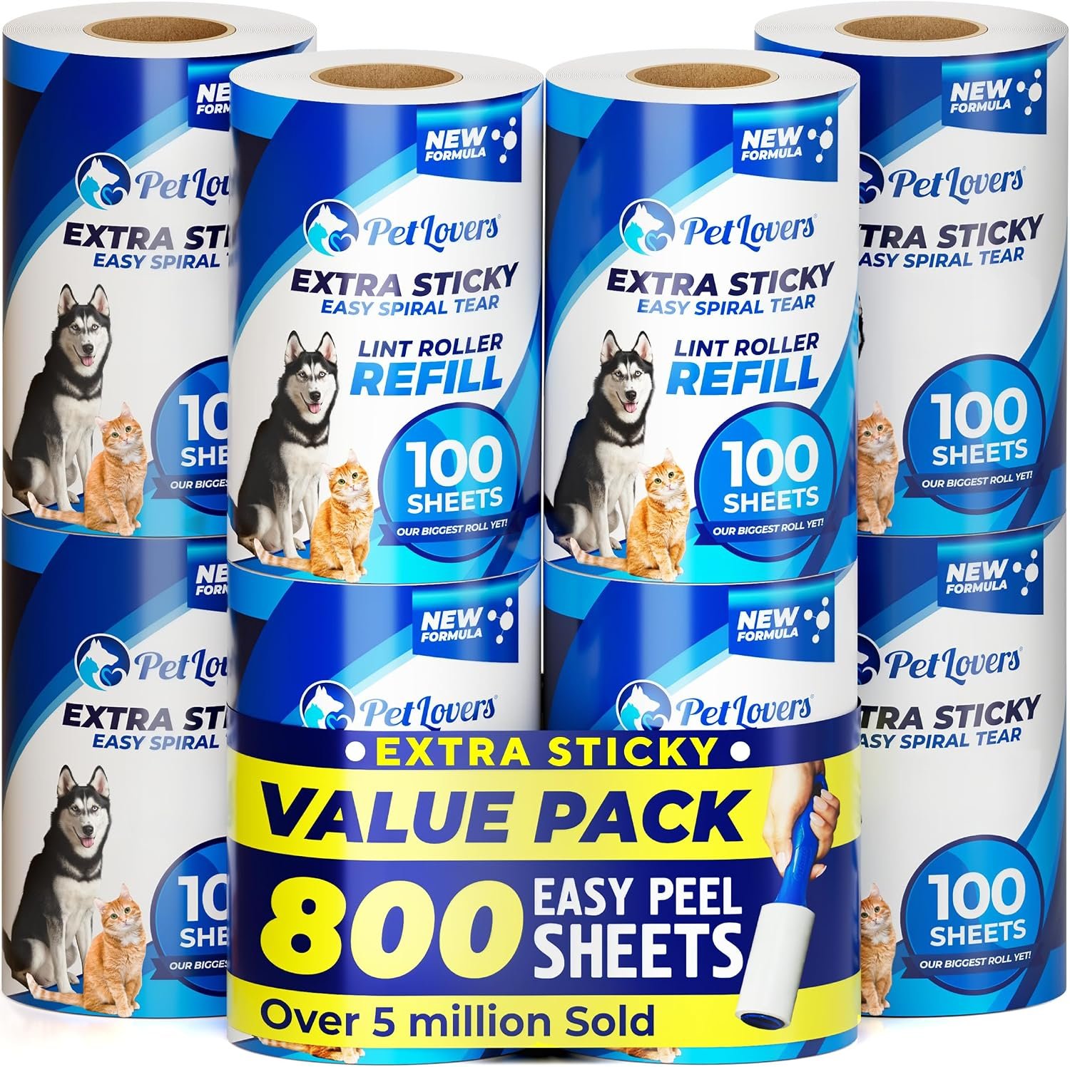 PetLovers Extra Sticky Lint Roller Mega Value Set for Pet Hair Removal, Dog and Cat Lint Remover (8 Pack Refills)