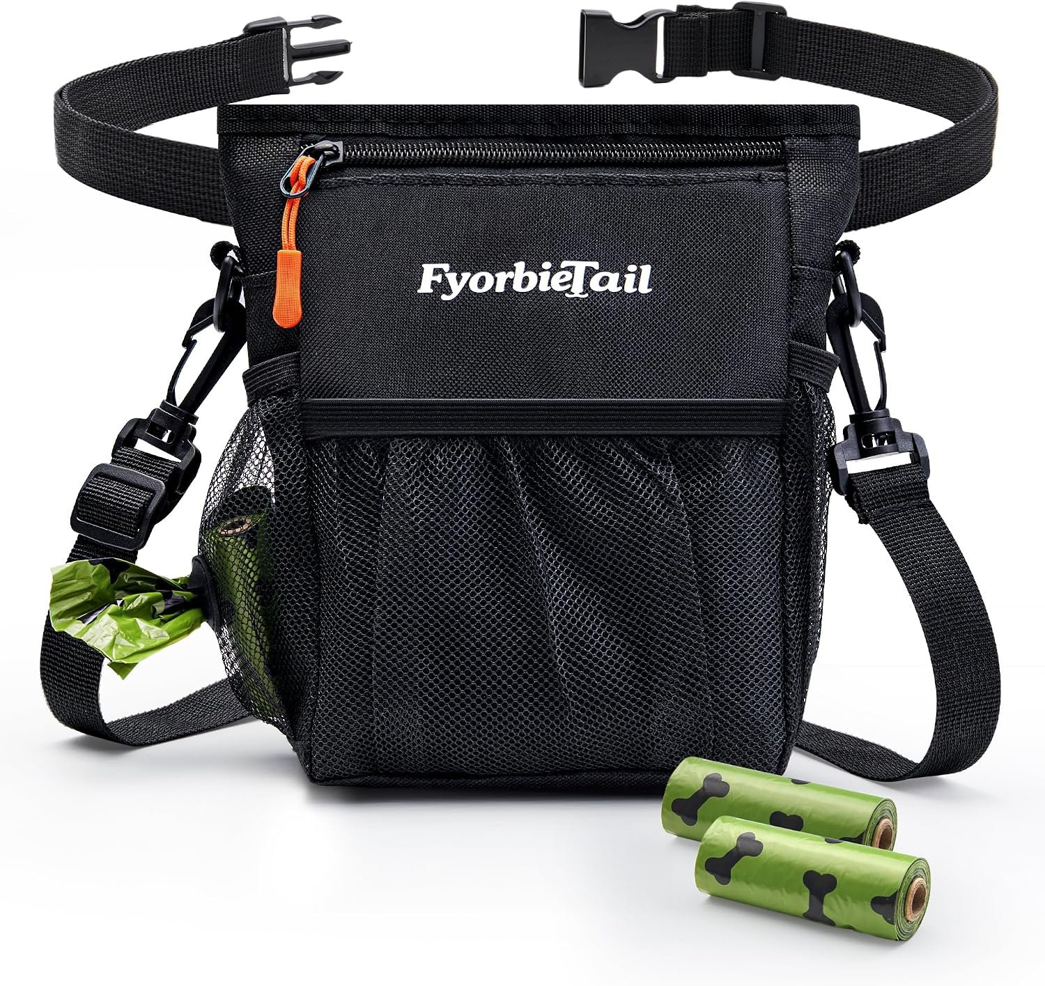Dog Treat Pouch, 4 Cup Training Bag, Magnetic Closure, 3 Way Wear, Black | 600D waterproof Oxford fabric, multi pocket storage, zipper and mesh pockets, pull out poop bag dispenser, includes 2 rolls