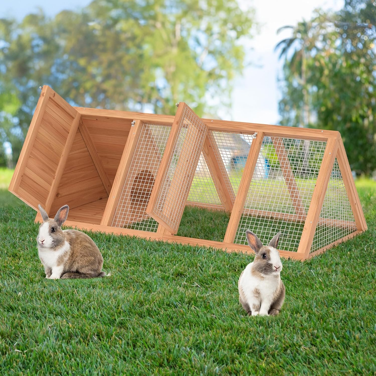 Rabbit Hutch, Small A-Frame Chicken Coop Outdoor w/ 2 Door & Run Cage(Wood) | Wooden Triangle Quail Hutch w/ Ventilating Wire Poultry Hutch for Small Animal Quail Cage Backyard