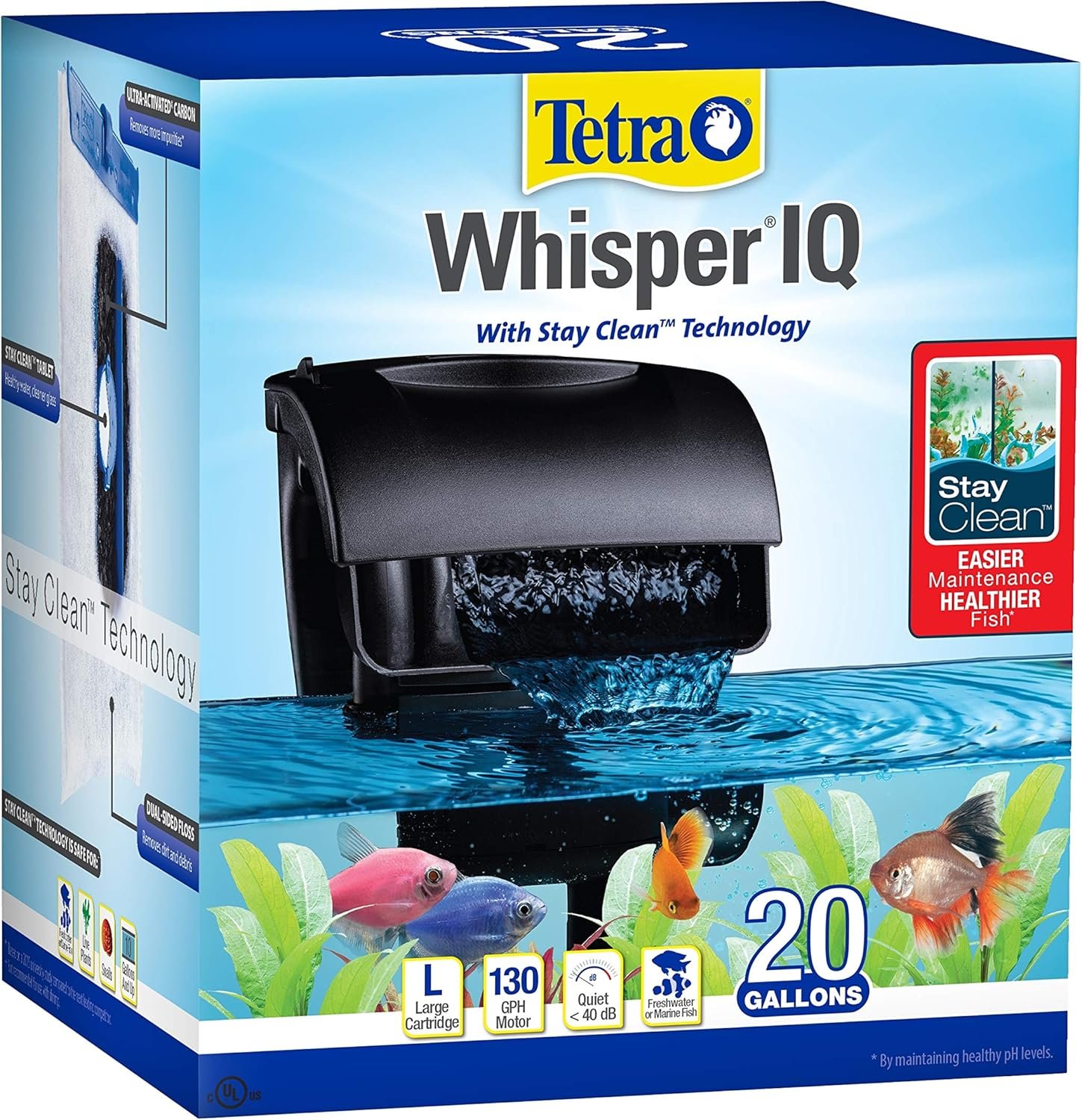 Tetra Whisper IQ 130 GPH Power Filter for Aquariums | For Fish Tanks Up To 20 Gallons, Whisper Quiet, Freshwater Or Marine Fish, Stay Clean Technology For Healthy pH Levels