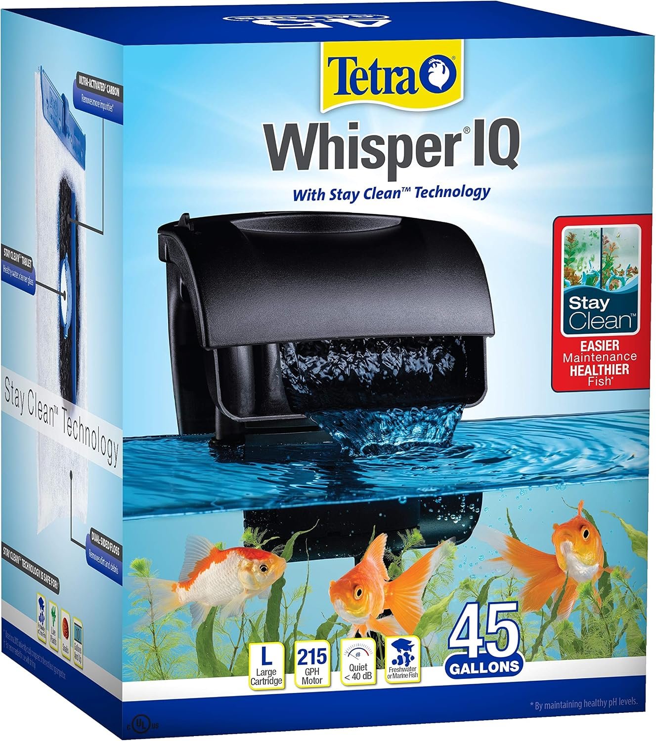 Tetra Whisper IQ 215 GPH Power Filter for Aquariums | For Fish Tanks Up To 45 Gallons, Whisper Quiet, Freshwater Or Marine Fish, Stay Clean Technology For Healthy pH Levels