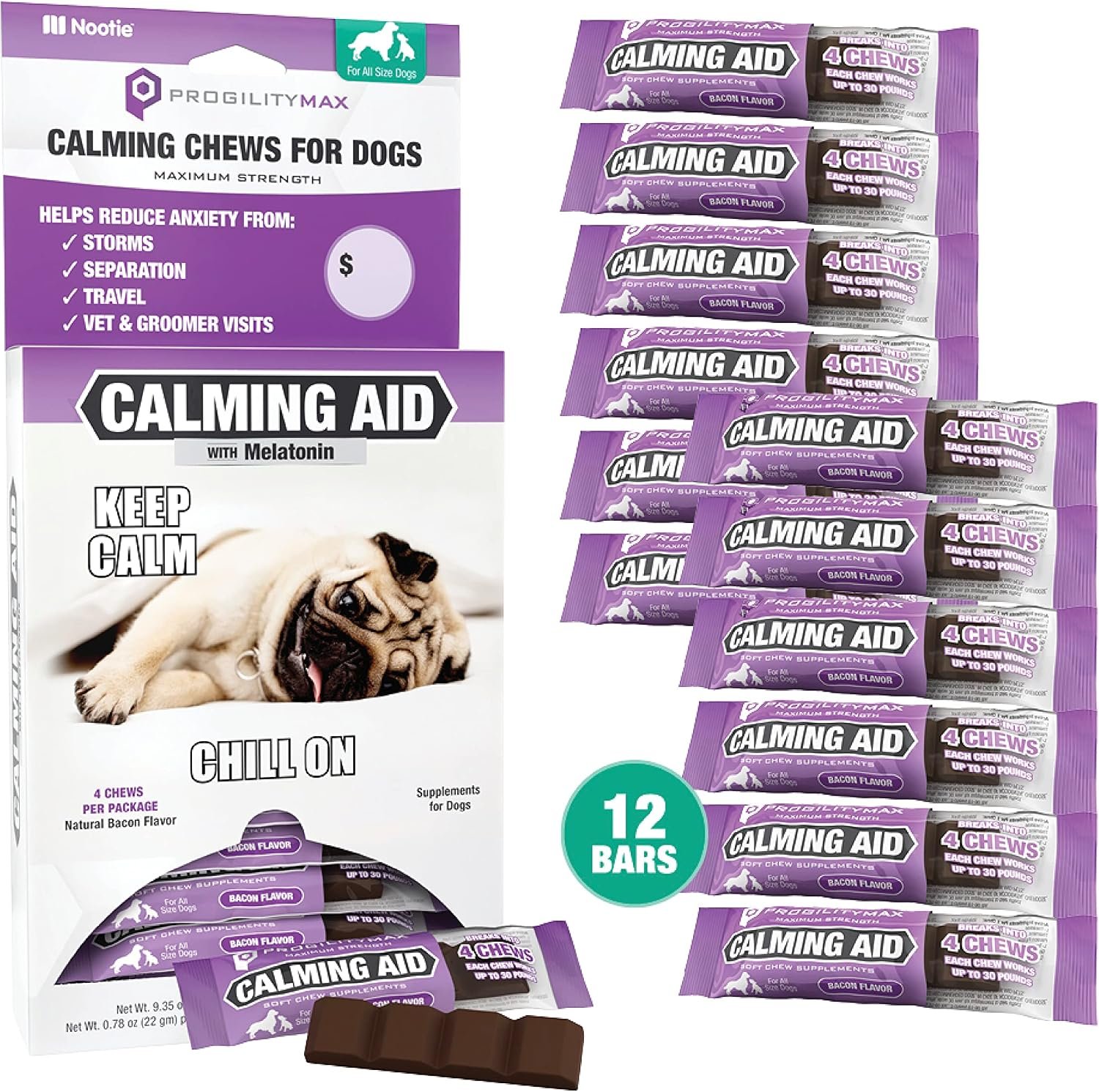 ProgilityMAX Maximum Strength Calming Aid Bars with Melatonin for Dogs | 12 Bars, for stressful situations, single-serve calming bars for dogs, Progility Max Calming Aid for Dogs